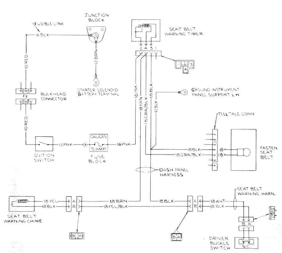 Seat Belt Warning Wiring Circuit. 1977-78